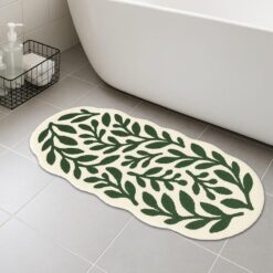 Green Leaf Bath Runner Mat – Soft, Absorbent, Non-Slip Bathroom Rug – 16"x47"