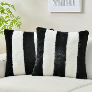 Throw Pillow Covers – Set of 2, 20" × 20", Black & White Faux Rabbit Fur with Velvet Back