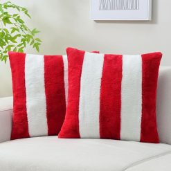 Throw Pillow Covers – Set of 2, 20" × 20", Red & White Faux Rabbit Fur with Velvet Back