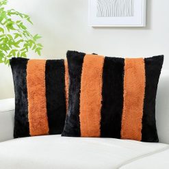 Throw Pillow Covers – Set of 2, 20" × 20", Black & Orange Faux Rabbit Fur with Velvet Back