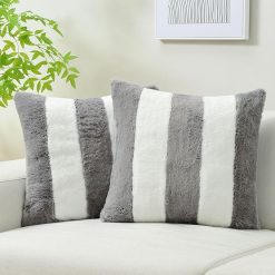 Throw Pillow Covers – Set of 2, 20" × 20", Grey & White Faux Rabbit Fur with Velvet Back